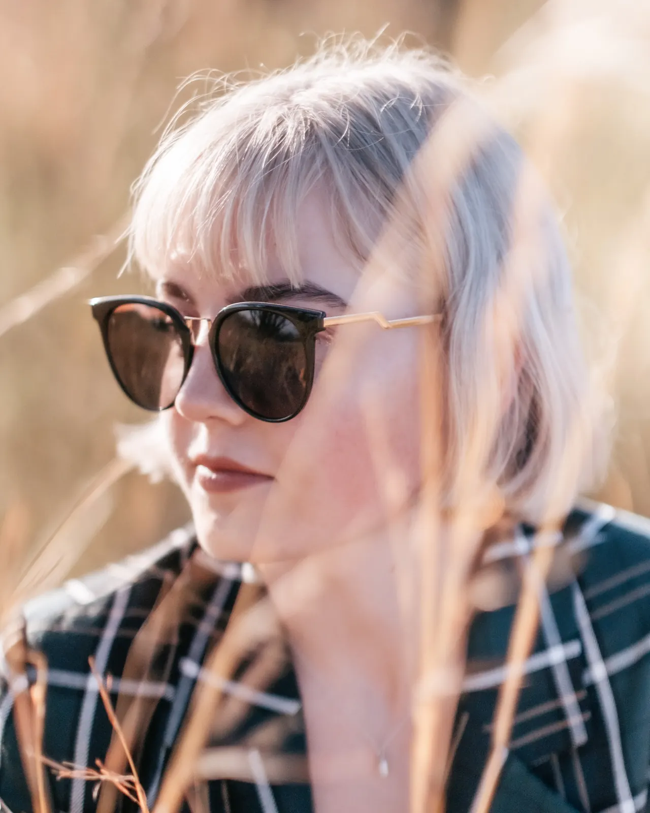 Portrait in sunglasses among dry grasses, by Web Brew